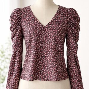 LOFT Floral Puff Sleeve Blouse XXSP Petite Black Pink Cottagecore Top